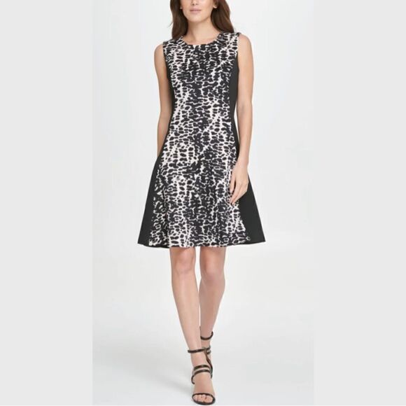 DKNY Womens Black Animal Print Sleeveless Above The Knee Fit + Flare Dress. NWT. - Picture 1 of 16